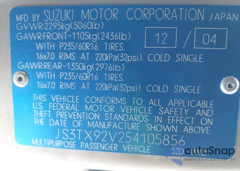 2005 Suzuki Xl-7 Ex/Lx z USA, uszkodzony, nr VIN JS3TX92V254105856